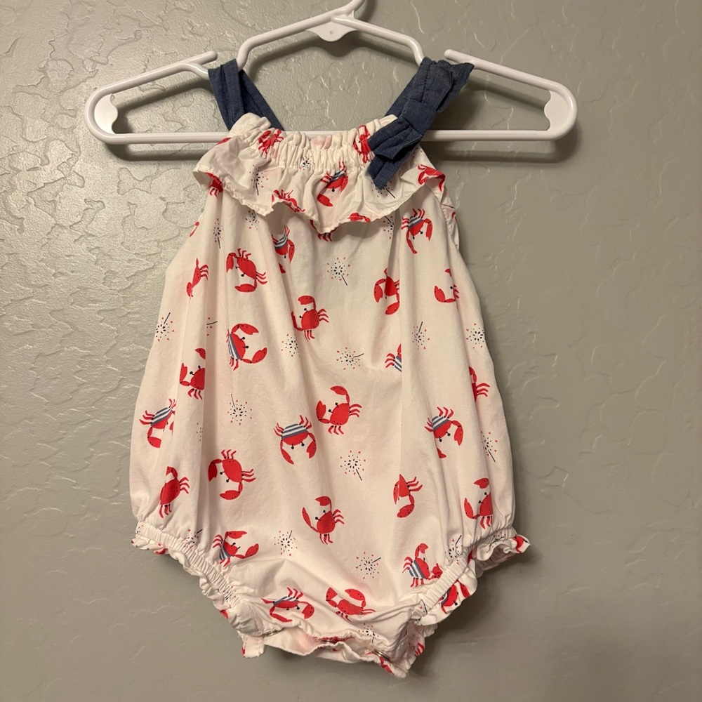 Baby Gap white patriotic 4th of july crab print ruffled bubble romper 3-6 months